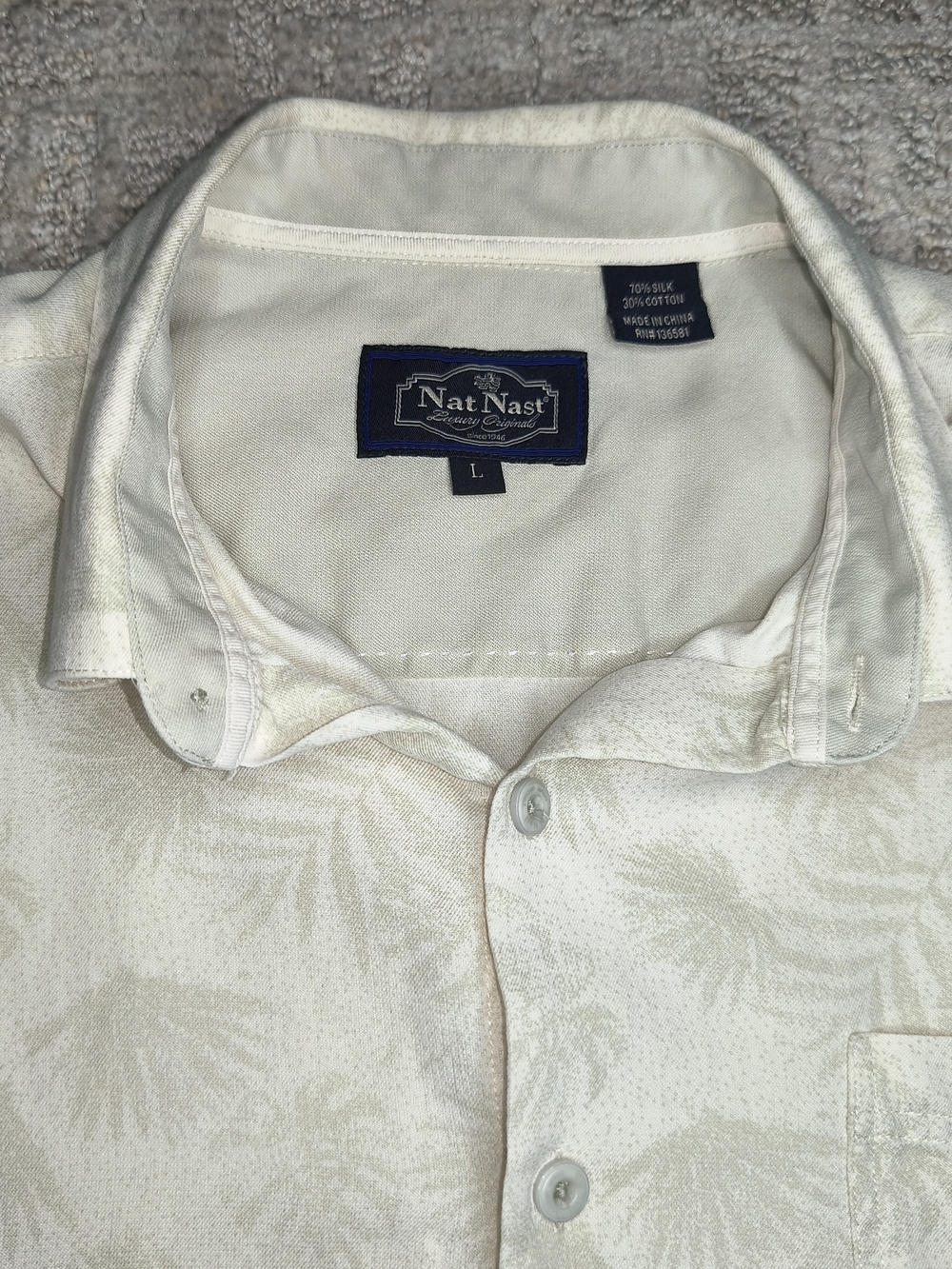 Nat Nast Mens L Silk Blend Cream Hawaiian Palm Leaf Resort Camp Shirt SS Buttons